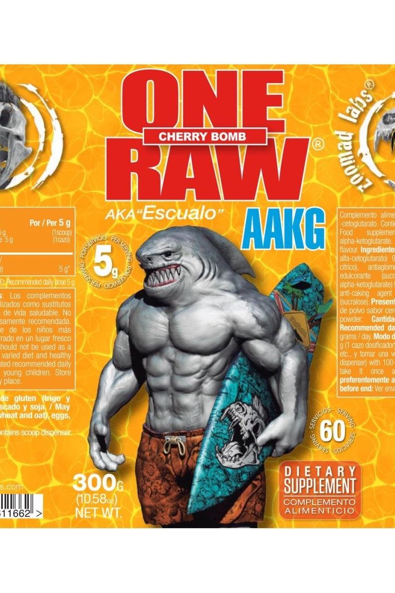 Zoomad Labs One Raw AAKG Cherry Bomb supplement packaging featuring a muscular shark character.