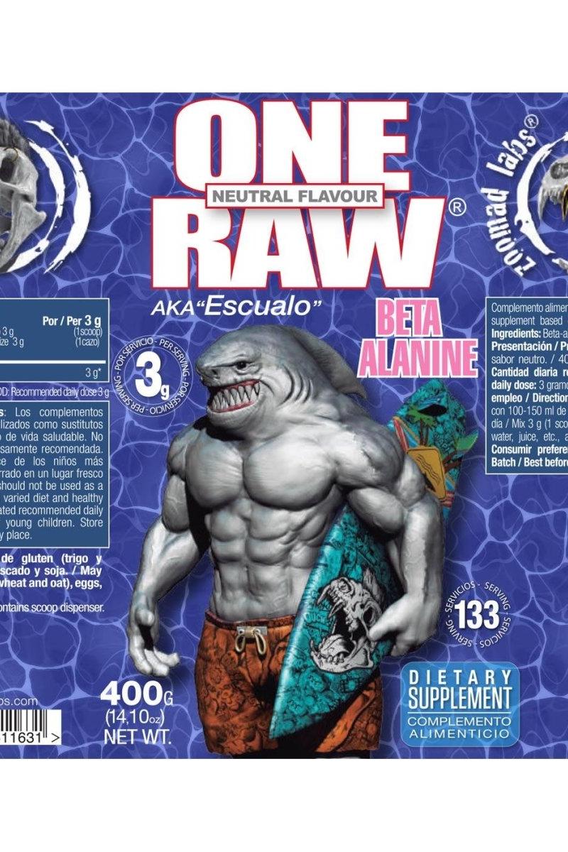 One Raw® Beta-Alanine supplement package featuring a muscular shark character.