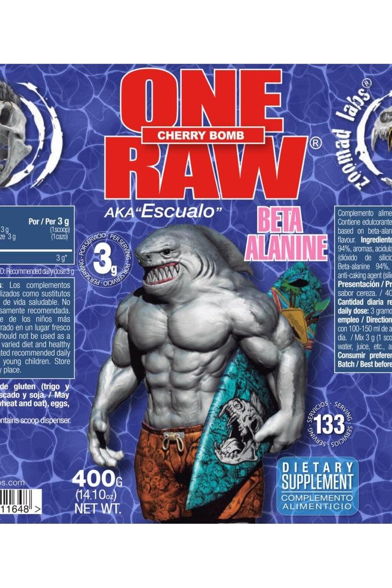 Zoomad Labs One Raw Beta-Alanine Cherry Bomb supplement packaging with strong shark mascot.