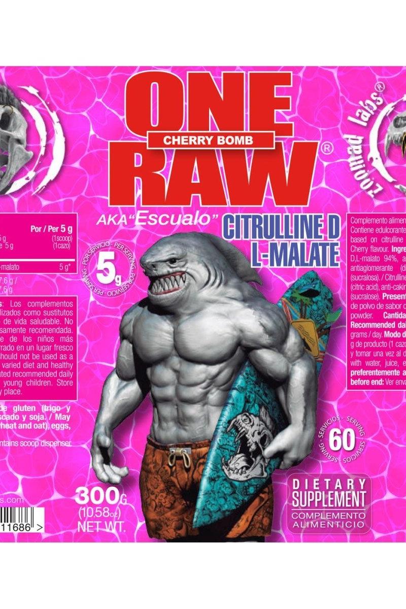 One Raw® Citrulline D L-Malate supplement packaging featuring a muscular shark character with vibrant cherry design.