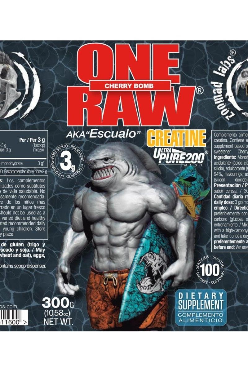 One Raw® Creatine product label featuring a muscular shark character in a surf pose, highlighting energy and recovery benefits.