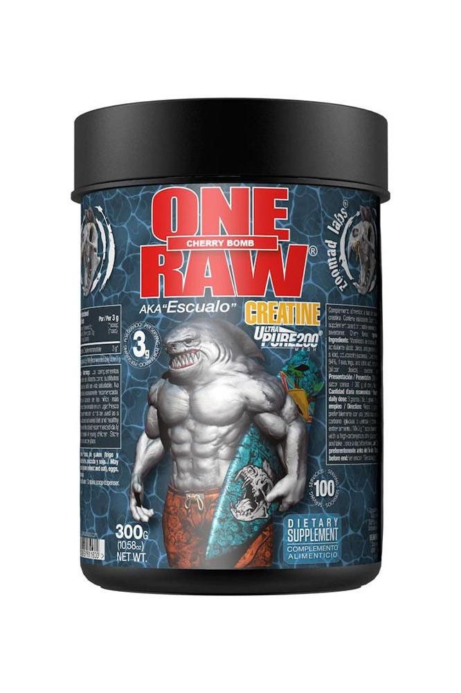 Zoomad Labs One Raw Creatine Cherry Bomb packaging with muscle illustration and supplement details.
