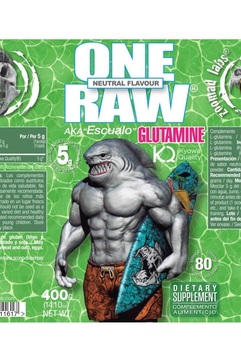 Zoomad Labs One Raw Glutamine packaging with shark mascot, promoting muscle recovery and immune support.