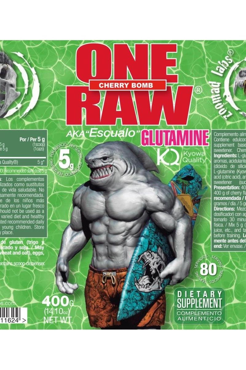 One Raw® Glutamine supplement packaging featuring a muscular figure and cherry bomb label.