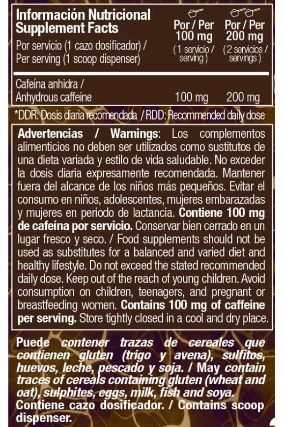 Nutritional information label for Zoomad Labs Raw One Caffeine Anhydrous showing caffeine content and usage warnings.
