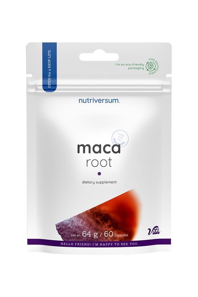 Nutriversum Maca Root dietary supplement packaging, 64g, eco-friendly design.
