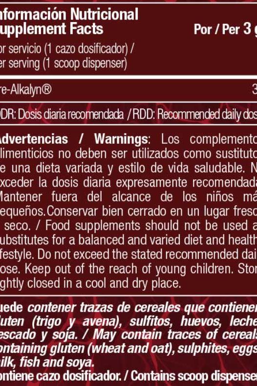 Nutritional supplement facts for Zoomad Labs Kre-Alkalyn Creatine, including serving size and warnings.