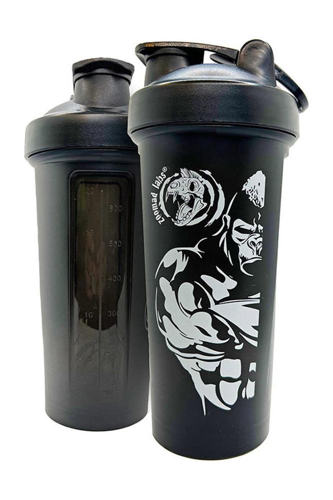 Zoomad Labs Shaker Mod Moons Truck, black shaker bottle with measurement markings and muscle graphic design.