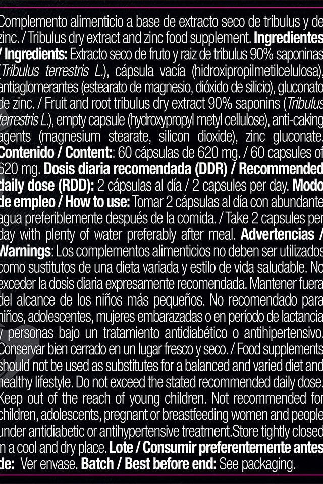 Supplement facts for Zoomad Labs Tribulus + Zinc capsules, highlighting ingredients and recommended dosage.