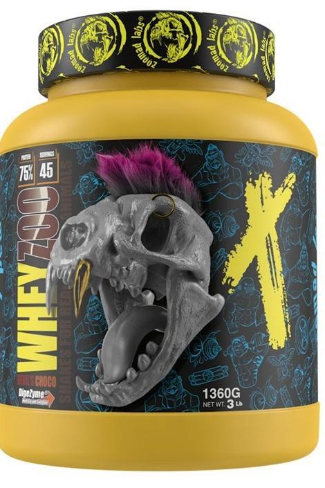 Zoomad Labs WHEYZOO protein powder jar with bold design and DIGEZYME, 1360g, 45 servings, high biological value.