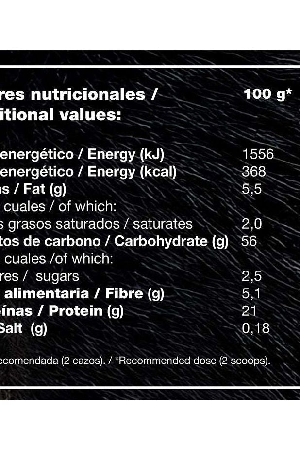 Nutritional values for Zoomad Labs Zoomass protein isolate, including energy, fat, carbohydrates, fiber, and protein content per 100g.