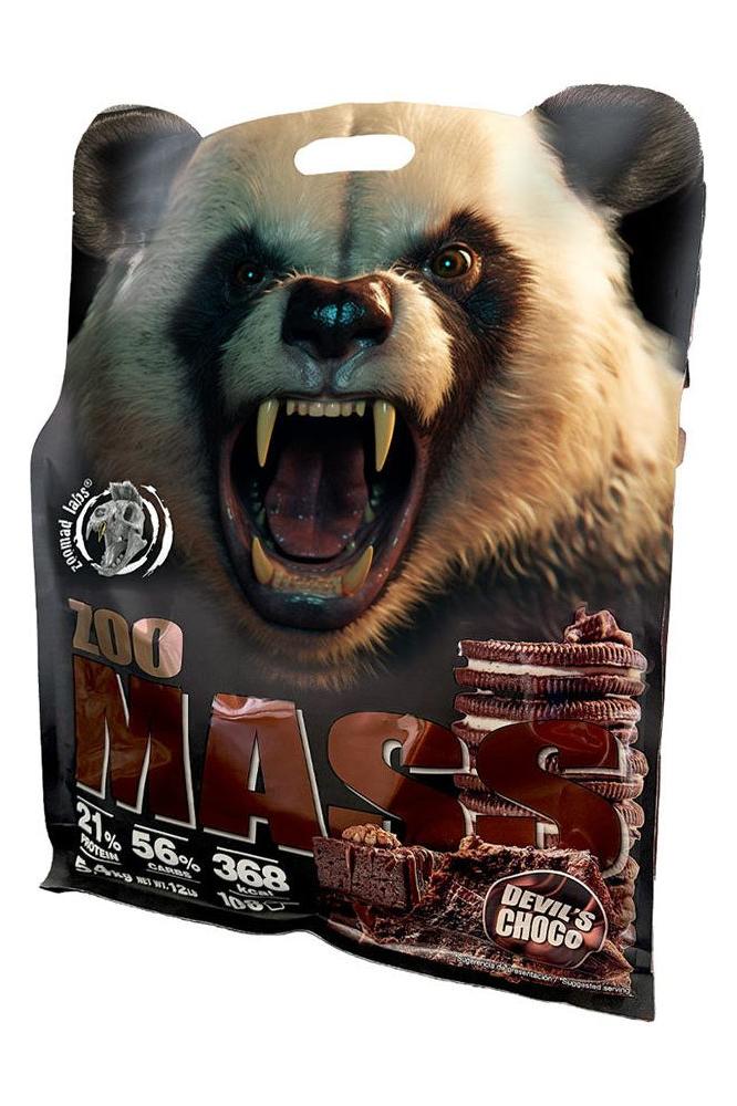 Zoomad Labs Zoo Mass protein powder packaging featuring a fierce panda design with a chocolate theme.